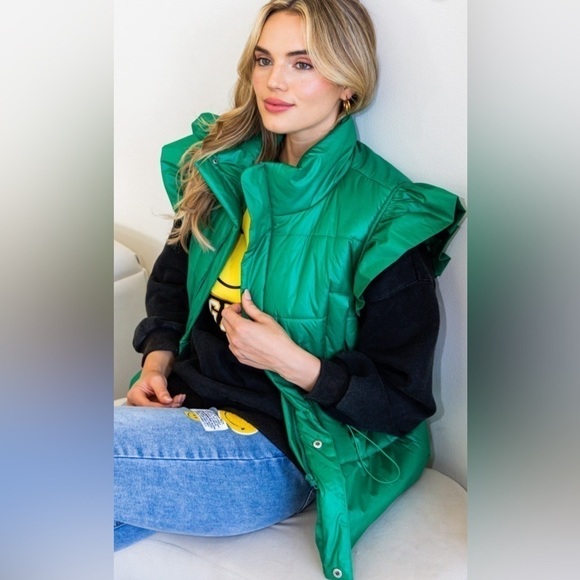 Ms. Diva Plus.. Black Puffer Vest w/Ruffled Sleeves - Picture 2 of 6